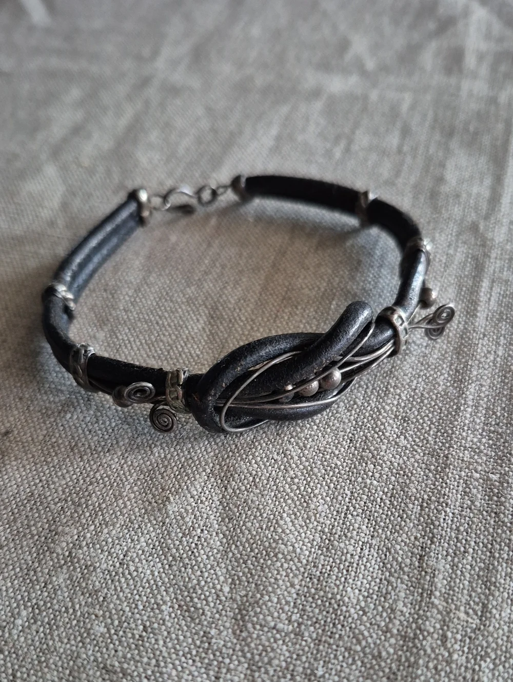 Black Leather and Silver Wire Wrap Unisex Bracelet